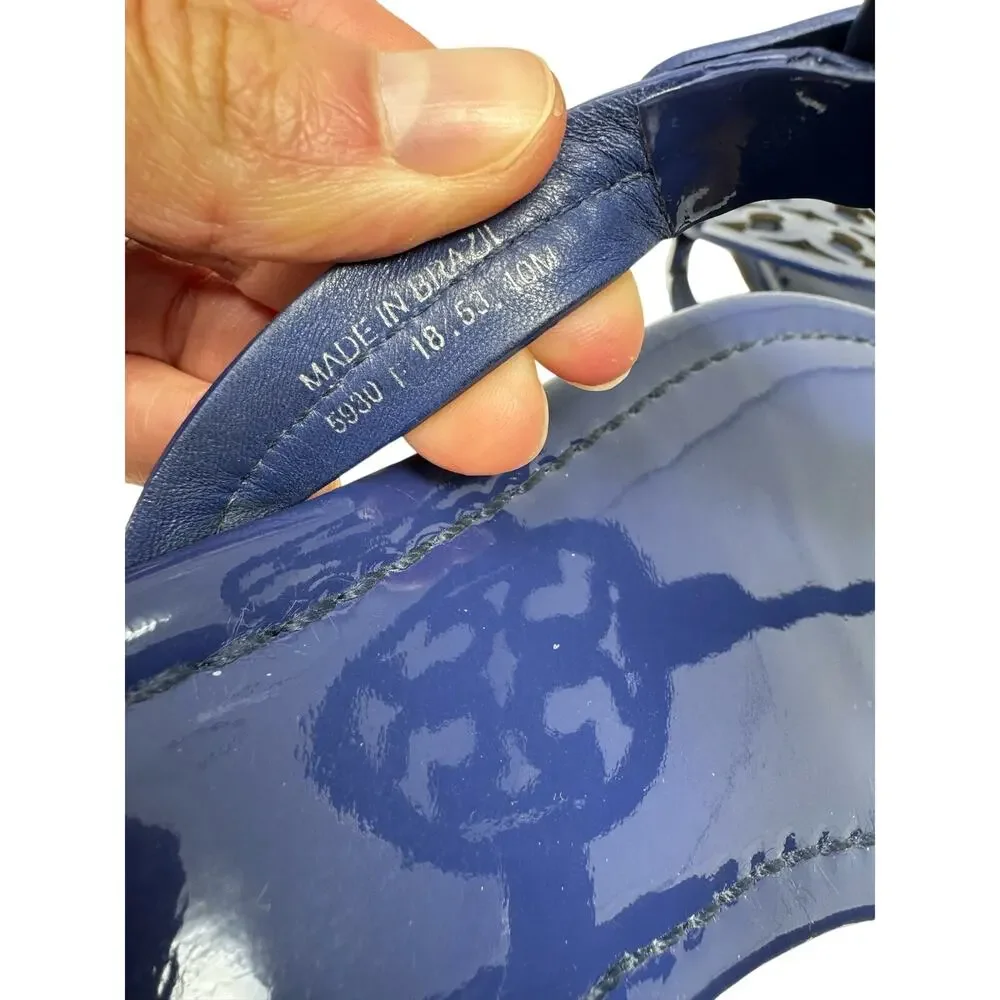 TORY BURCH Blue Metallic Miller Logo Patent Leather Sandals Size 10